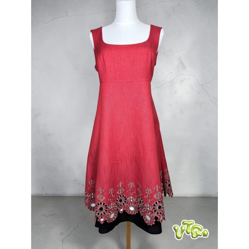 Vtg SEMANTIKS Red Linen Blend Dress‎ Embroidered Cutwork Midi Cottage Womens M